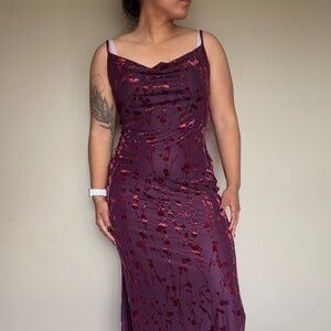 Form Fitting Evening Dress - Burgundy w/ Floral Accents - Ankle-Length